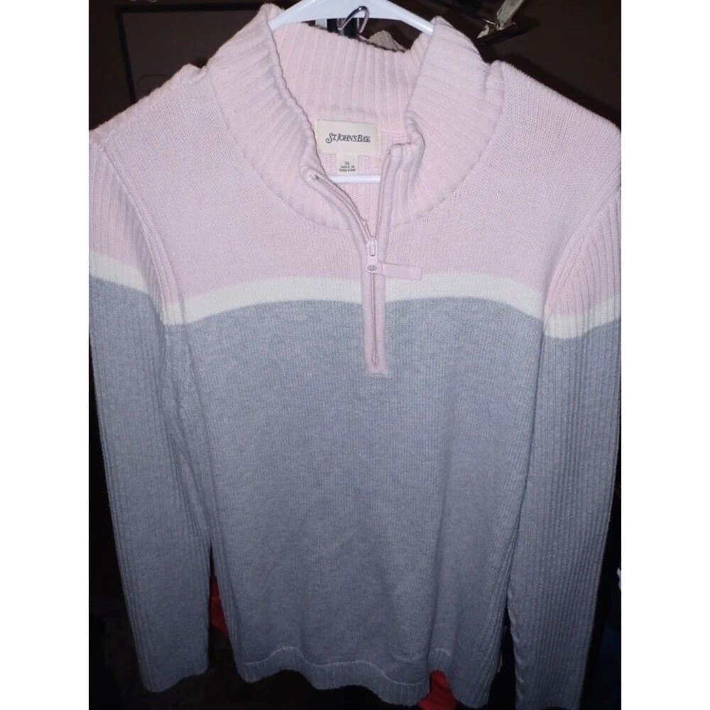 St. John's Bay pink, grey, and white colorblocked half-zip ribbed knit sweater.